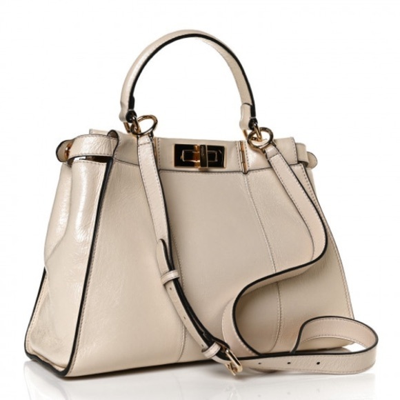 FENDI Agnello Old Shine Medium Peekaboo Iconic Satchel Camelia Cream Gold H/W - Picture 11 of 11